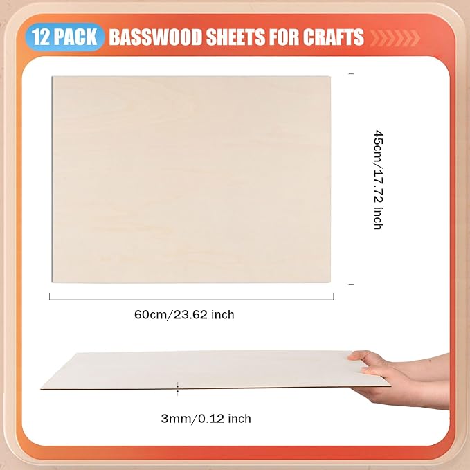 AWIZOM 12 Pack Basswood Sheets for Crafts-18 x 24 x 1/8 Inch- 3mm Thick Plywood Sheets with Smooth Surfaces Unfinished Wood Boards for Laser Cutting, Wood Burning, Architectural Models, Staining