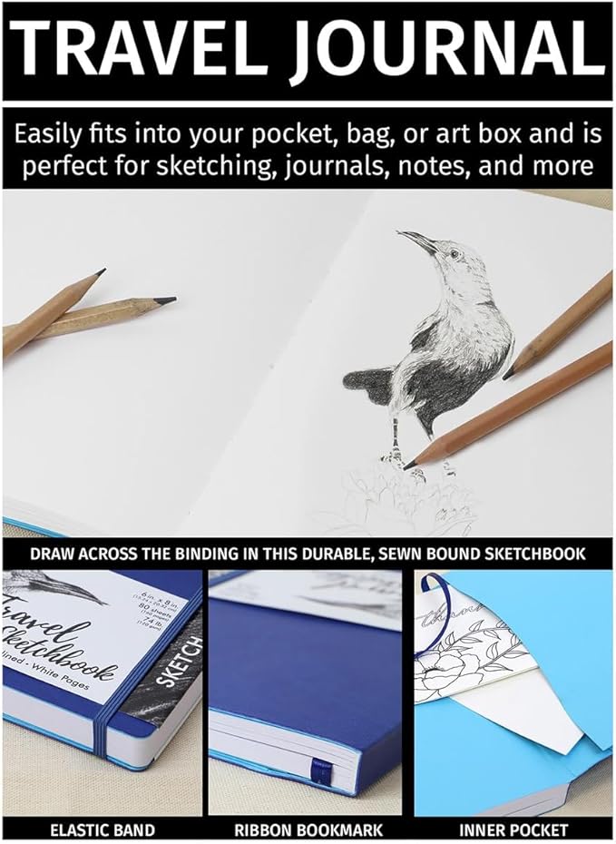 Pro Art Premier Sketch Book Travel 6"x 4" White 74lb Royal Blue 80 Sheets, Sketch Book, Sketchbook, Drawing Pad, Pad, Drawing Paper, Art Book, Paper, Sketchbook for