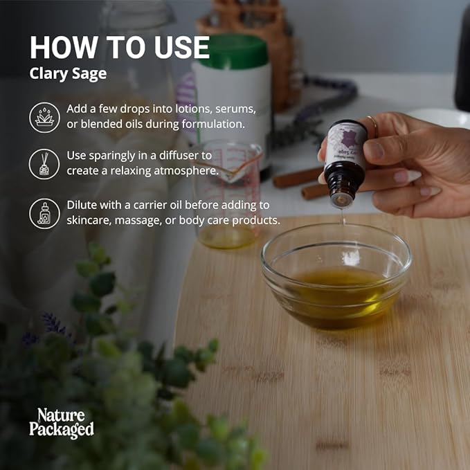 Nature Packaged Clary Sage Essential Oil - Direct from France - Steam Distilled - Aceite de Salvia Esclarea for Aromatherapy, Massage, Diffuser, DIY Candle and Soap Making - 8oz
