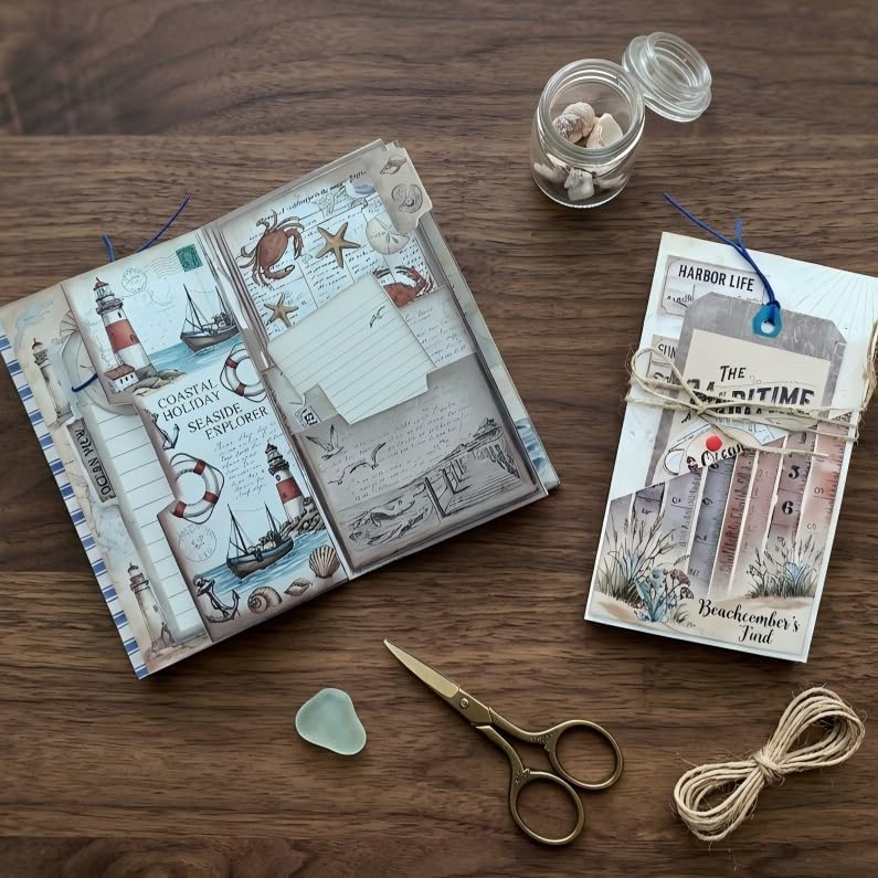 Lighthouse & Tides Junk Journal Folio Kit, Vintage Scrapbook DIY Handcraft Supplies, Creative Mini Folder & Booklet Making Set for Handmade Art Projects by Unknown