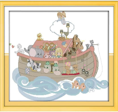 JOYSEWING Cartoon Animal Boat Stamped Kits Cross Stitch for Adults 11CT Counted Patterns Easy DIY Gift Embroidery Kits for Beginner Animal Craft kit Home Decor (Noah's ark (Printed) 32.7×29.9 inch