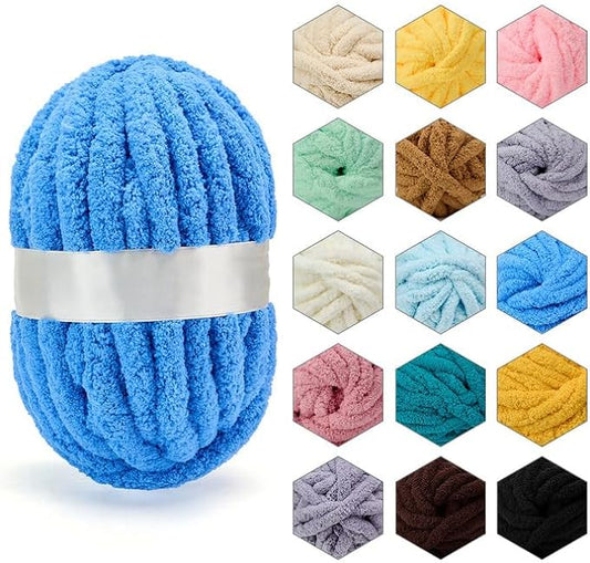 ERLYEEN Chenille Chunky Yarn Super Bulky Soft Thick Fluffy Jumbo Giant Washable Polyester Big Yarn DIY for Arm Knit Blanket Cushion Bed Sofa Home Decor,Denim Blue,0.55LB
