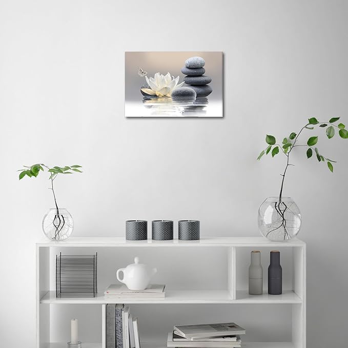 Zen Stone Framed Canvas Wall Art, White Flower and Yellow Butterfly on Lake Wall Paintings for Bathroom Living Room Bedroom Modern Spiritual Yoga Spa Canvas Prints Picture Wall Decor Artwork 12x16 inch