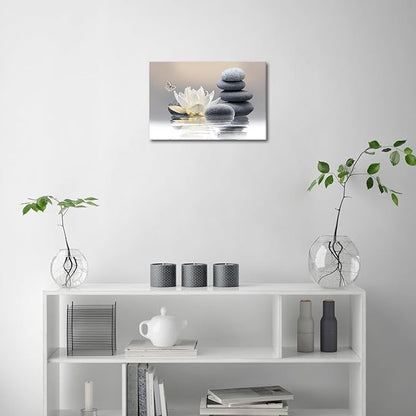 Zen Stone Framed Canvas Wall Art, White Flower and Yellow Butterfly on Lake Wall Paintings for Bathroom Living Room Bedroom Modern Spiritual Yoga Spa Canvas Prints Picture Wall Decor Artwork 12x16 inch
