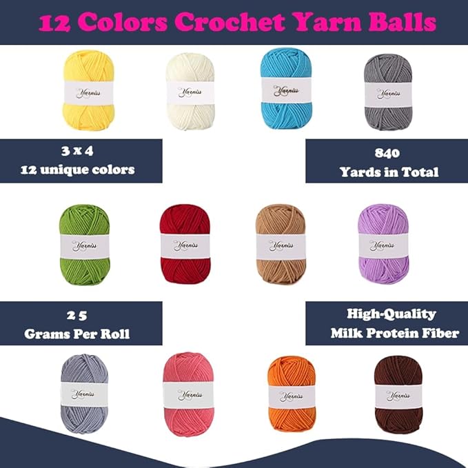 Yarniss Crochet Kits for Beginners,All in One Crochet Kits with 840 Yards Crochet Yarn,Ergonomic Crochet Hooks Set with Yarn for Adults