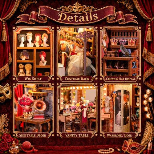 fifijoy Theatre Dressing Room DIY Book Nook Kit - DIY Miniature Dollhouse Book Nook Kit, Classic Theater 3D Wooden Puzzle Model Bookshelf Insert Decor, Gift for Craft Lovers (with Yellow Light) - Image 3