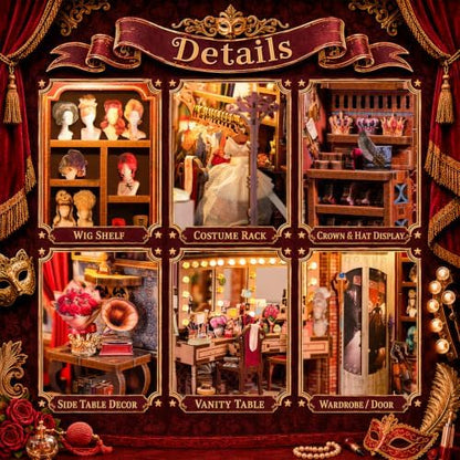 fifijoy Theatre Dressing Room DIY Book Nook Kit - DIY Miniature Dollhouse Book Nook Kit, Classic Theater 3D Wooden Puzzle Model Bookshelf Insert Decor, Gift for Craft Lovers (with Yellow Light) - Image 3