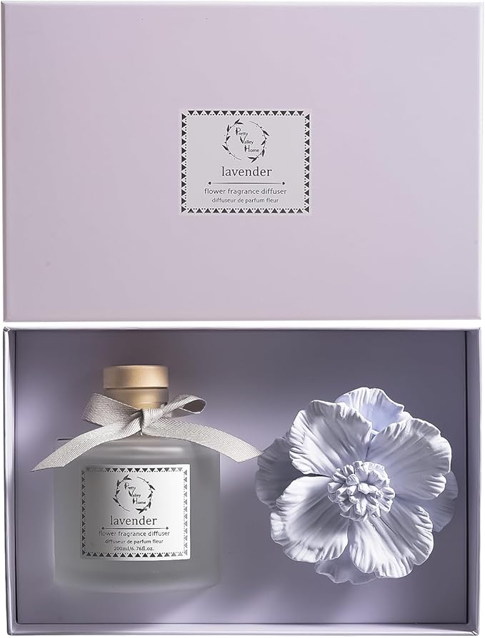 Pretty Valley Home Reed Diffuser Sets, 6.76 Fl. Oz / 200ML Ceramic Diffuser Flower Gift Box, Home Reed Diffuser for Bathroom Office Bathroom Living Room Decor (Lavender Purple)