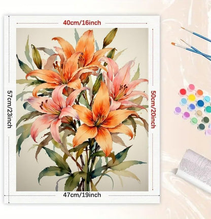 Floral Art Paint by Numbers Kit for Adults - DIY Watercolor Orange Lily Bouquet Painting on Rolled Canvas 16x20 Inches, Acrylic Paint Set, Suitable for Beginners, Art for Home Decoration or Gifts - Image 3