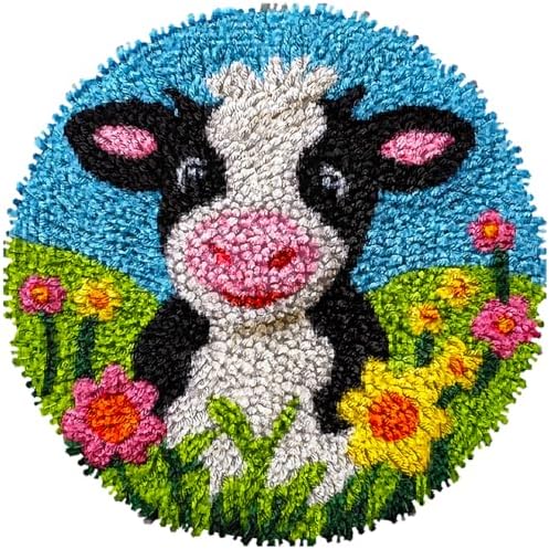 DIY Latch Hook Rug Kits Dairy Cow in Flower Easy for Beginners Round Carpet Crochet Yarn Craft Mini Rug Hook and Latch Tapestry for Home Decor 30x30cm-2 by Unknown