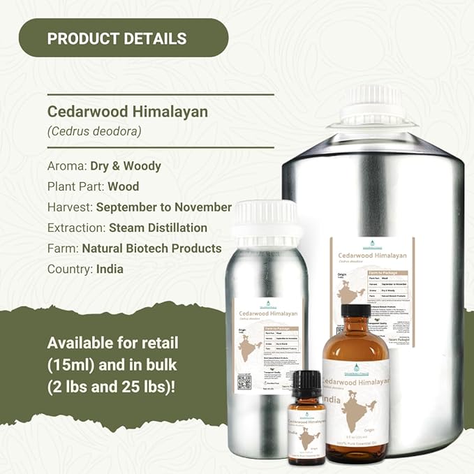 Nature Packaged Cedarwood Himalayan Essential Oil - 100% Pure Steam Distilled Natural Cedarwood Himalayan Oil (Aceite de Cedro) from Natural Biotech NBT India for Aromatherapy & DIY Projects - 22lbs