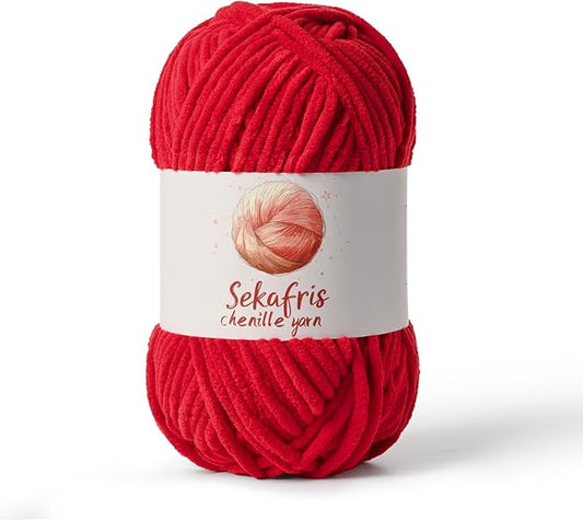 Red Chunky Chenille Yarn for Crocheting, Bulky Velvet Yarns for Crochet, Baby Yarn for Crocheting Soft Blanket, 131yds /3.53 oz Fluffy Amigurumi Crochet Yarn