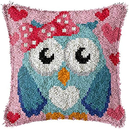 Howie's Latch Hook Kit, DIY Owl Pillow Crochet Yarn Kits for Adults, Color Preprinted Pattern Embroidery Sofa Cushion Cover (Blue Owl, 16.93 x 16.93 inch) by HowiesNeedlepoint