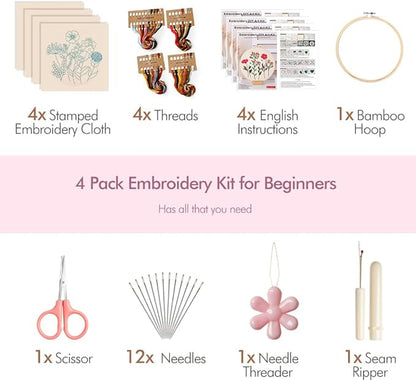 wtisan Embroidery Kit, 4 Sets Embroidery Kit for Beginners with Stamped Flower Pattern, Cross Stitch Starter Kits for Adults Hand Craft Lover with Embroidery Hoop, Instructions and Threads