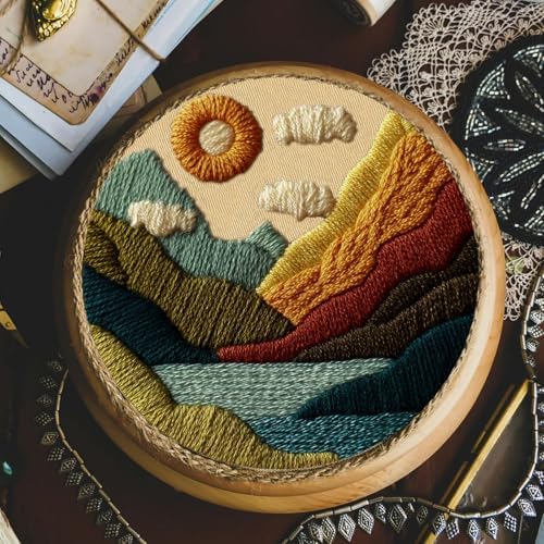 FONNUY Embroidery Kit for Beginners, Textured Vibrant Nature Landscape Pre-Stamped Pattern Kits for Adults with Hoop, Easy to Follow Color Thread Needlework, 8'' Hoop (Green 1) - Image 4