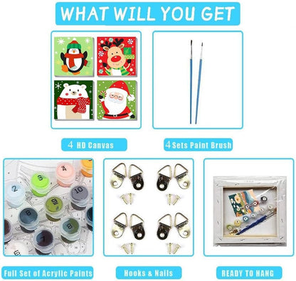 4 Pack Christmas Paint by Numbers Kits for Kids and Adults (with Frame), Cute Cartoon Christmas Paint by Number Kits on Canvas, Simple Acrylic Oil Painting for Beginners, Home Wall Decor 8 x8 Inch. - Image 6
