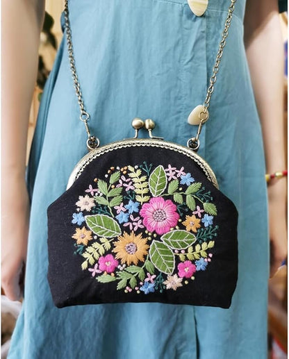 Eforcase Flower Embroidery Kit Tote Bag, Embroidery Coin Purse Kits Handbag Hand Embroidery Kit for Adults Beginner with Embroidery Patterns, Embroidery Hoop,DIY Sewing Kit