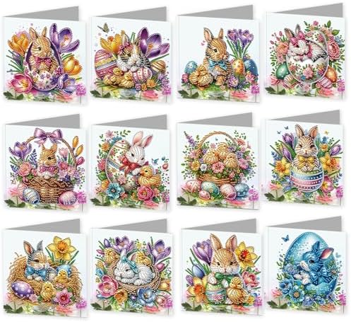 jinglinhh 12pcs Easter Egg Bunny Chick Daffodils Flower Diamond Art Painting Greeting Cards with Envelopes, DIY Card Making Kits for Adults, Diamond Art Birthday Holiday Cards Craft Gifts by Unknown