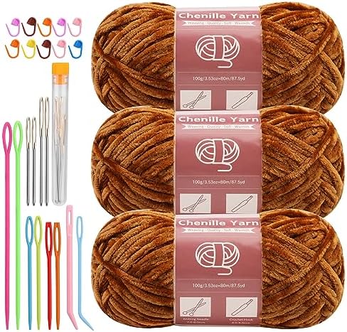 LUNARM Chenille Yarn 3 Pack 3.5oz Chunky Blanket Velvet Yarn 263 Yard by Lunarm
