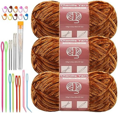 LUNARM Chenille Yarn 3 Pack 3.5oz Chunky Blanket Velvet Yarn 263 Yard by Lunarm