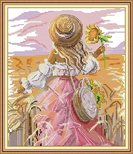 Howie's Needlepoint Cross Stitch Kits, 14CT Pre-Printed Pattern Needlepoint Kits, Full Range of Stamped Starter Kits (Sunflower Girl, 11.8 x 13.4 Inch) by HowiesNeedlepoint