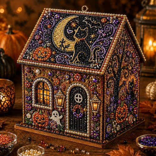 Halloween Wooden House 3D Rhinestone Diamond Art DIY Kit, for Adults, Wooden 3D House with Round Rhinestones and Pearl Accents for Hands-on Halloween Crafting and Tabletop Seasonal Decor. (Style-A) by Chgcuofce