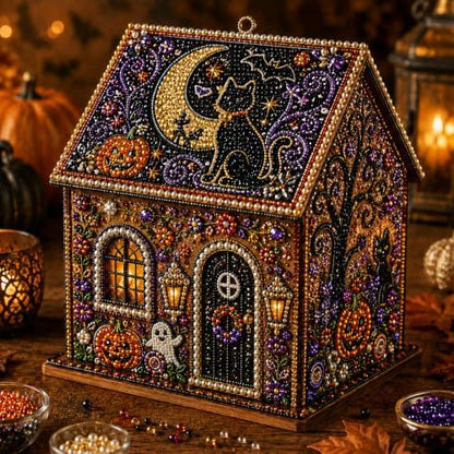 Halloween Wooden House 3D Rhinestone Diamond Art DIY Kit, for Adults, Wooden 3D House with Round Rhinestones and Pearl Accents for Hands-on Halloween Crafting and Tabletop Seasonal Decor. (Style-A) by Chgcuofce