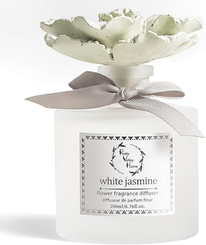 Pretty Valley Home Reed Diffuser Sets, 6.76 Fl. Oz / 200ML Ceramic Diffuser Flower Gift Box, Home Reed Diffuser for Bathroom Office Bathroom Living Room Decor (White Jasmine Green)