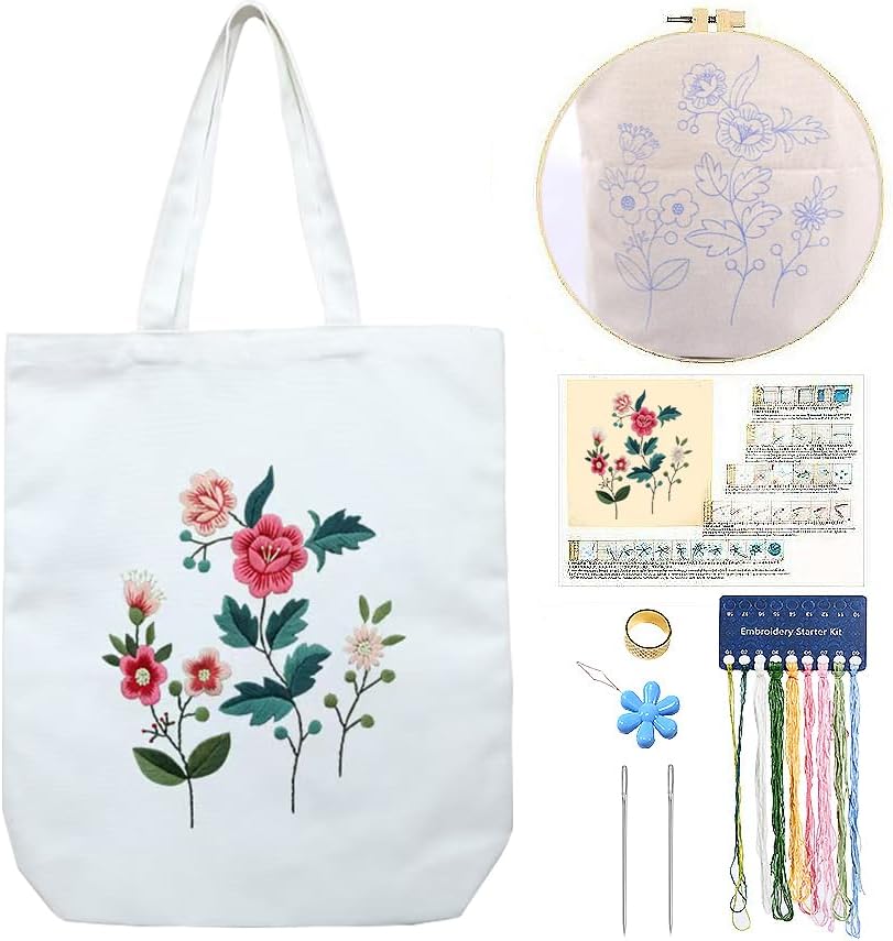 CREAWONDER Canvas Tote Bag Embroidery Kit with Pattern for Beginners, Arts and DIY Embroidery Crafts Kits for Adults, Include Instructions, Thimble, Embroidery Hoops, Color Threads and Tool by Unknown
