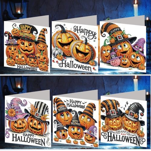jinglinhh 6pcs Diamond Art Painting Happy Halloween Pumpkin Witch Hat Greeting Cards with Envelopes, DIY Card Making Kits for Adults, Diamond Art Postcards Holiday Cards Craft Gifts - Image 4