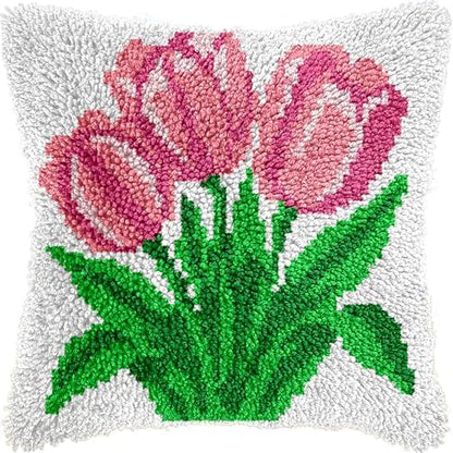 veirousa Latch Hook Kits for Adults, DIY Pink Tulip Pillow & Rug Craft Kit for Beginners, Floral Handmade Yarn Art, Relaxing Home Sofa Decor Gift 17x17 Inch by VEIROUSA