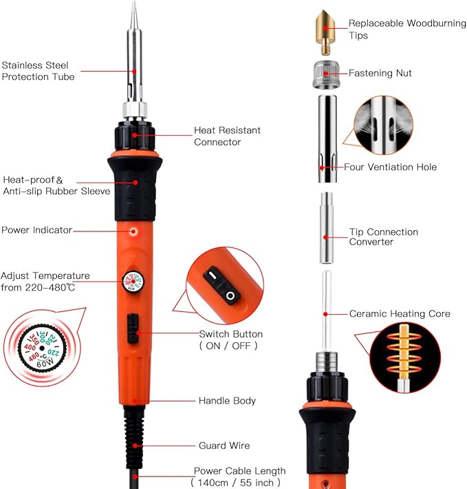 Preciva 31Pcs Wood Burning Kit, Professional Wood Burning Tool, 482°F~1382°F Adjustable Temperature Woodburning Pyrography Pen DIY Creative Tools for Embossing/Carving/Soldering
