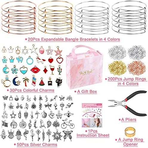 Thrilez 300Pcs Charm Bangle Bracelets Making Kit with Expandable Bangles, Charms, Jump Rings and Pliers for Jewelry Making Bangle Bracelets (with Gift Box and Tools) - Image 3