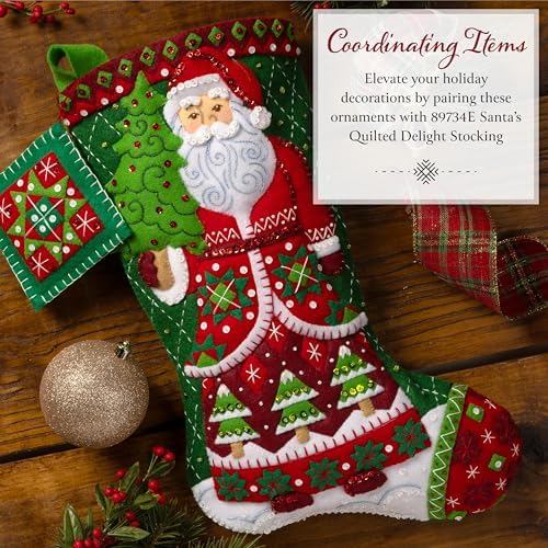 Bucilla Felt Applique 4 Piece Ornament Making Kit, Holiday Quilt Squares, Perfect for DIY Arts and Crafts, 89753E - Image 5