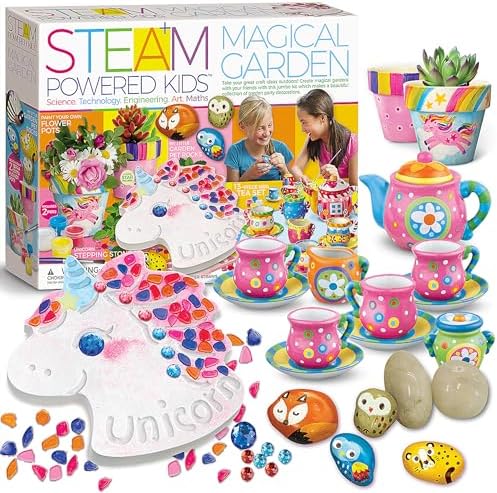 4M Magical Garden Kit for Kids Ages 8-12 – 4-in-1 Craft Set: Paint Flower Pots, Unicorn Stepping Stone with Glow Star, Mosaics & Gemstones, Mini Porcelain Tea Set, Garden Stones, Creative Art Gift by 4M