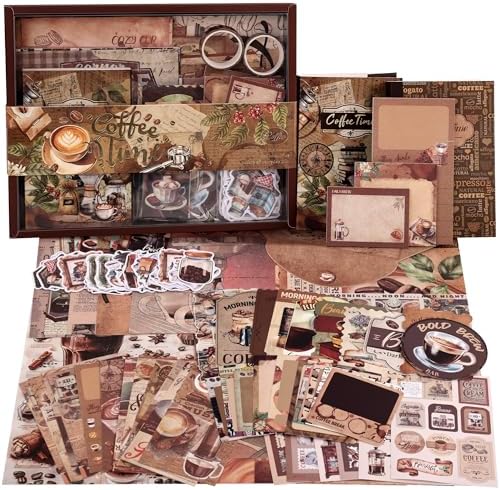 emmoolife Scrapbooking Supplies Kit, Coffee Vintage Aesthetic Scrapbook Kit for Bullet Junk Journal, DIY Journaling Supplies with Coffee Bean Cup, Latte Art, Birthday Craft Gift for Teen Girl Women by emmoolife