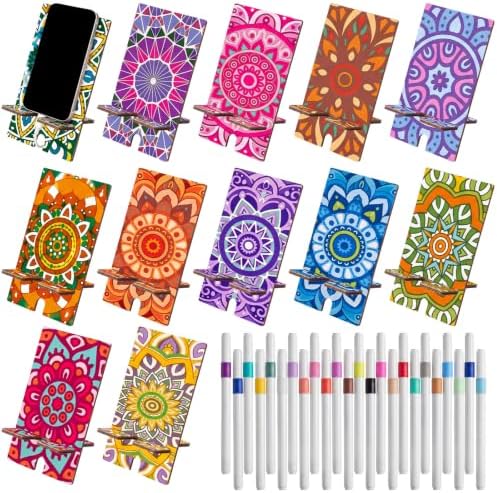 Kenning 12 Pcs Mandala Color Your Own Phone Holder DIY Crafts Mandala Cell Phone Stands Paint Your Own Unfinished Wooden Cellphone Holder to Paint with 24 Color Pens for Adults Handmade Project Gifts by Kenning