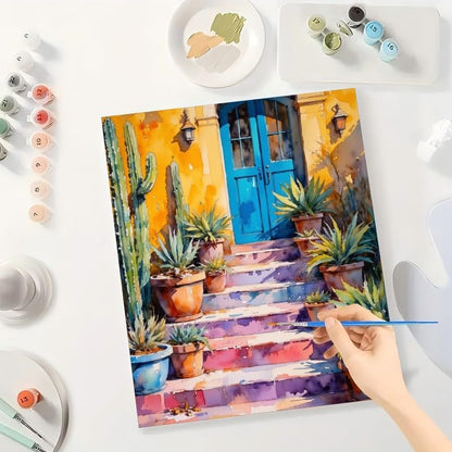 Cactus Paradise Paint by Numbers Kit for Adults - DIY Colorful Cactus and Spanish Steps Painting on Canvas 12x16In, Framed Acrylic Paint Set,Suitable for Beginners,Art for Home Decoration/Gifts - Image 3