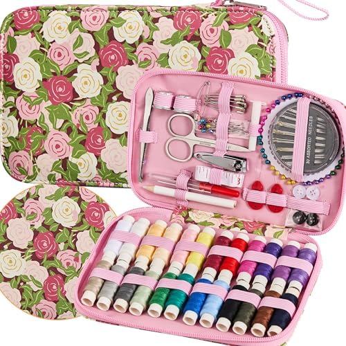 Rose Floral Sewing Kit with 130 PCS Sewing Supplies Accessory,PU Zipper Sewing Needles Set, Professional Travel Sewing Kit for Adults,Emergency, Beginners by Bobode