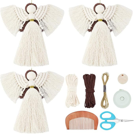 FREEBLOSS 3 Set DIY Macrame Angel Kit for Beginners With Instructions, Boho Angel Decor, Adults Craft Kit, Christmas Birthday Gift, White