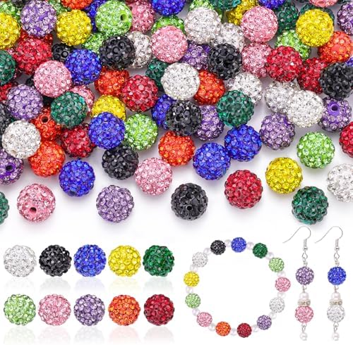 100 pcs 10mm Rhinestone Beads for Jewelry Making, 10 Mixed Colors Shiny Round Disco Ball Beads Bulk, Sparkle Crystal Clay Christmas for Bracelet Baseball Necklace Earring Crafting and DIY by TINKRSTUFF