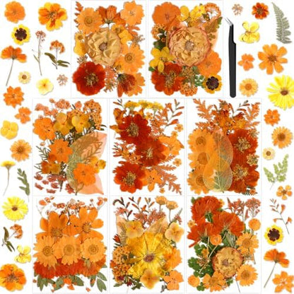 150 PCS Fall Dried Pressed Flowers for Crafts, Real Orange Red Dried Wildflowers Leaves Bulk Nature Pressed Dried Flower for Scrapbooking Candle Resin Jewerly Making by Cruzix