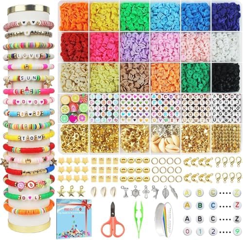 Redtwo 5100 Clay Beads Bracelet Making Kit, Flat Preppy Beads for Friendship Jewelry Making,Polymer Heishi Beads with Charms Gifts for Teen Girls Crafts for Girls Ages 8-12 by Redtwo
