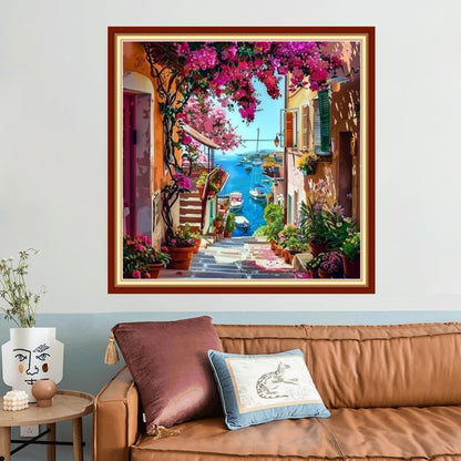 Joyhoor Stamped Cross Stitch Kits for Beginners, Needlepoint Kits for Adults, 11CT Counted Embroidery Kits-Seaside Flower Street 18x18 inchs - Image 2