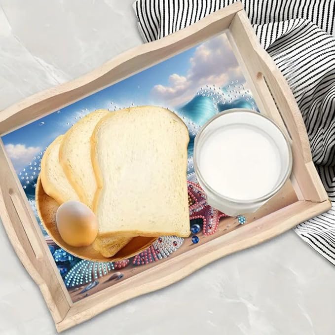 DoxQcs DIY Diamond Art Wooden Food Tray with Handle Diamond Painted Table Decoration Tray for Breakfast Bar Dinner Table Diamonds Art Painting for Beginners-Pearl