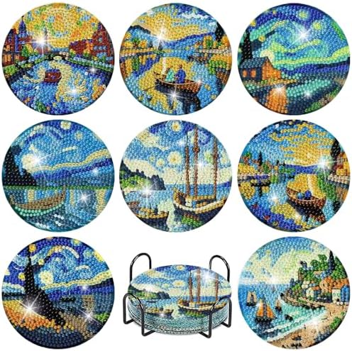 8 PCS Starry Sky Diamond Art Coasters Kit for Adults, DIY 5D Diamond Painting Coasters with Holder, Drink Gem Art Dots Painting Coaster with Cork Pads - Crafts Supplies for Home Decor by Fotasmua