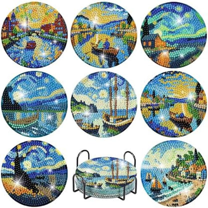 8 PCS Starry Sky Diamond Art Coasters Kit for Adults, DIY 5D Diamond Painting Coasters with Holder, Drink Gem Art Dots Painting Coaster with Cork Pads - Crafts Supplies for Home Decor by Fotasmua