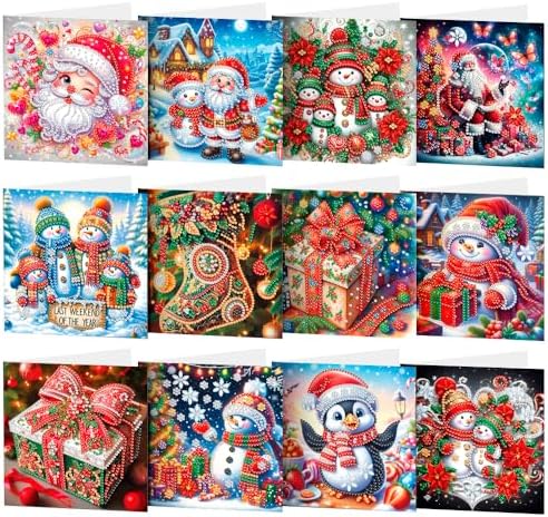 Diamond Art Painting Christmas Cards, 12 Pack DIY 5D Diamond Greeting Cards Kits for Adults Diamond Xmas Greeting Cards with Envelopes Gem Christmas Gift for Families, Friends, Partners by ACSAUMMY