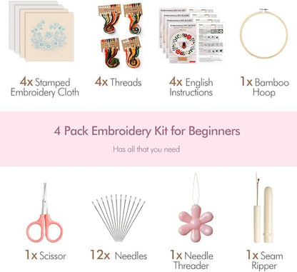 wtisan Embroidery Kit for Adults, 4 Sets Cross Stitch Kits for Adults with Stamped Flower Pattern and Easy Instruction, Embroidery Kits with Embroidery Hoop and Color Threads