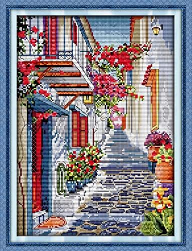 Howie's Cross Stitch Kits, 14CT Pre-Printed Pattern Embroidery Set Needlework, Full Range of Stamped Starter Kits(Flower Street 1, 11.42 x 14.96 inch) by HowiesNeedlepoint